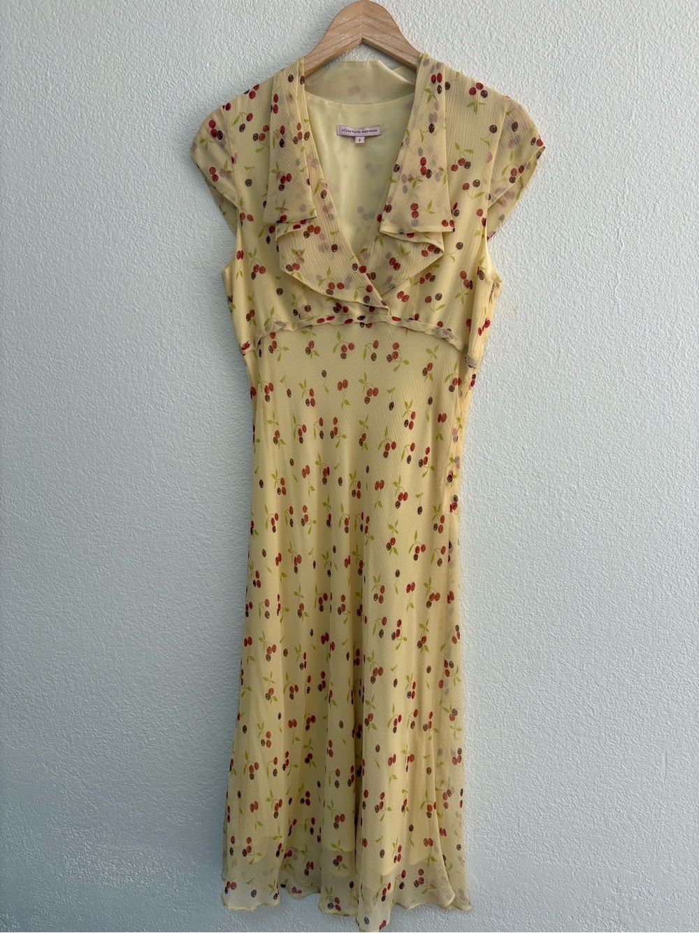 Silk Elizabeth Wayman Yellow Cherry-Print Maxi Dress with Ruffle Collar